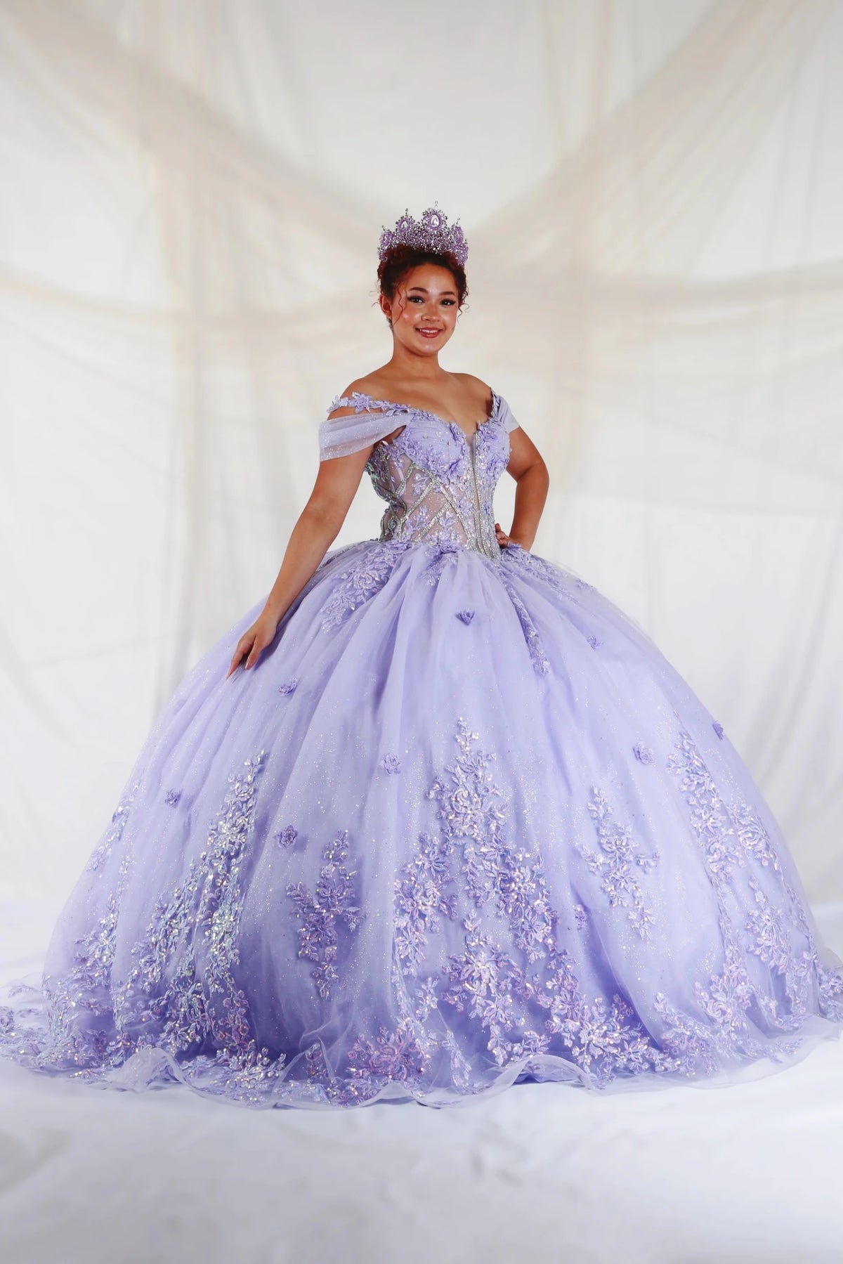 Lilac quinceañera ball gown with illusion corset bodice, 3D floral applique and beaded embroidery