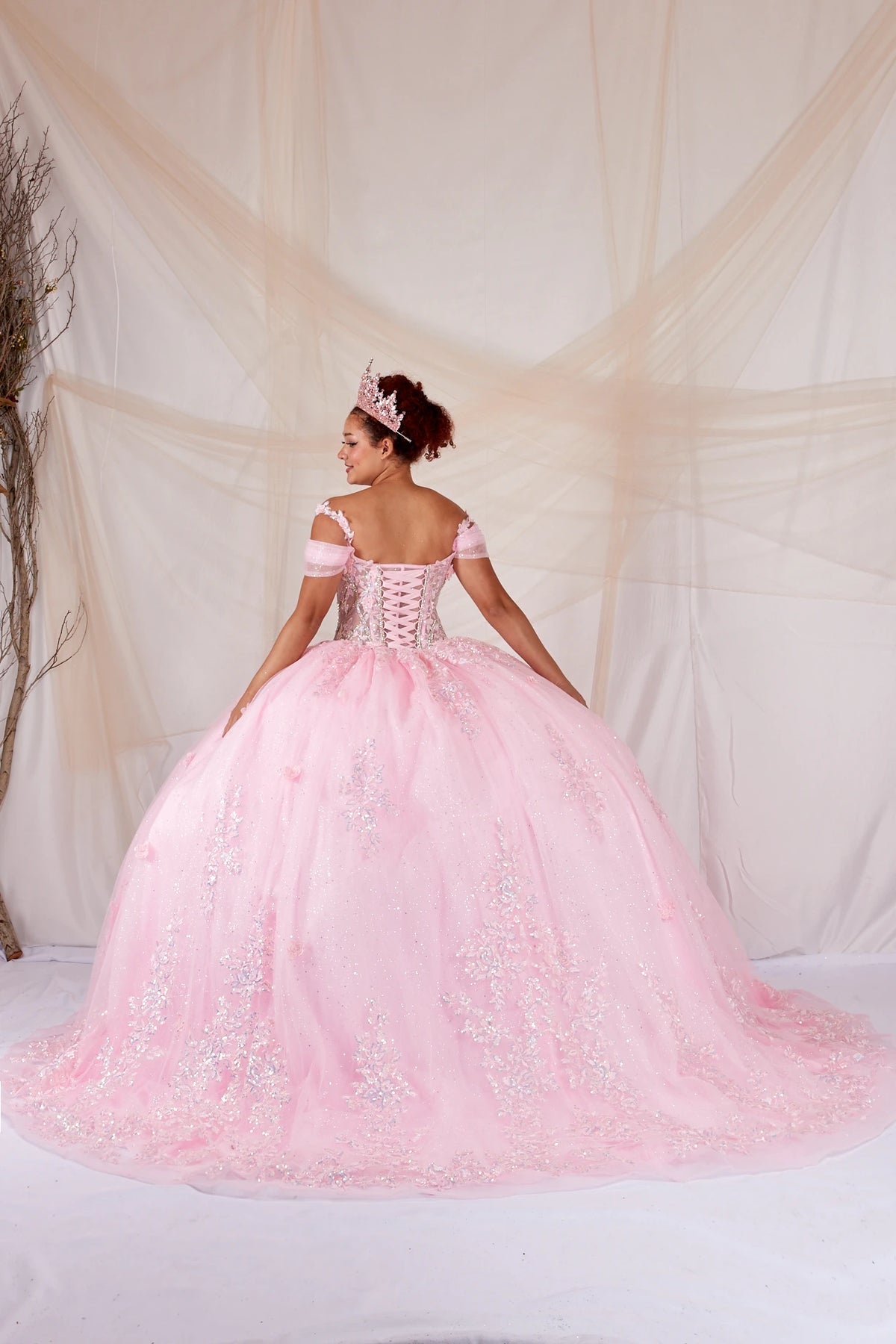 Pink quinceañera ball gown with illusion corset bodice, 3D floral applique and beaded embroidery