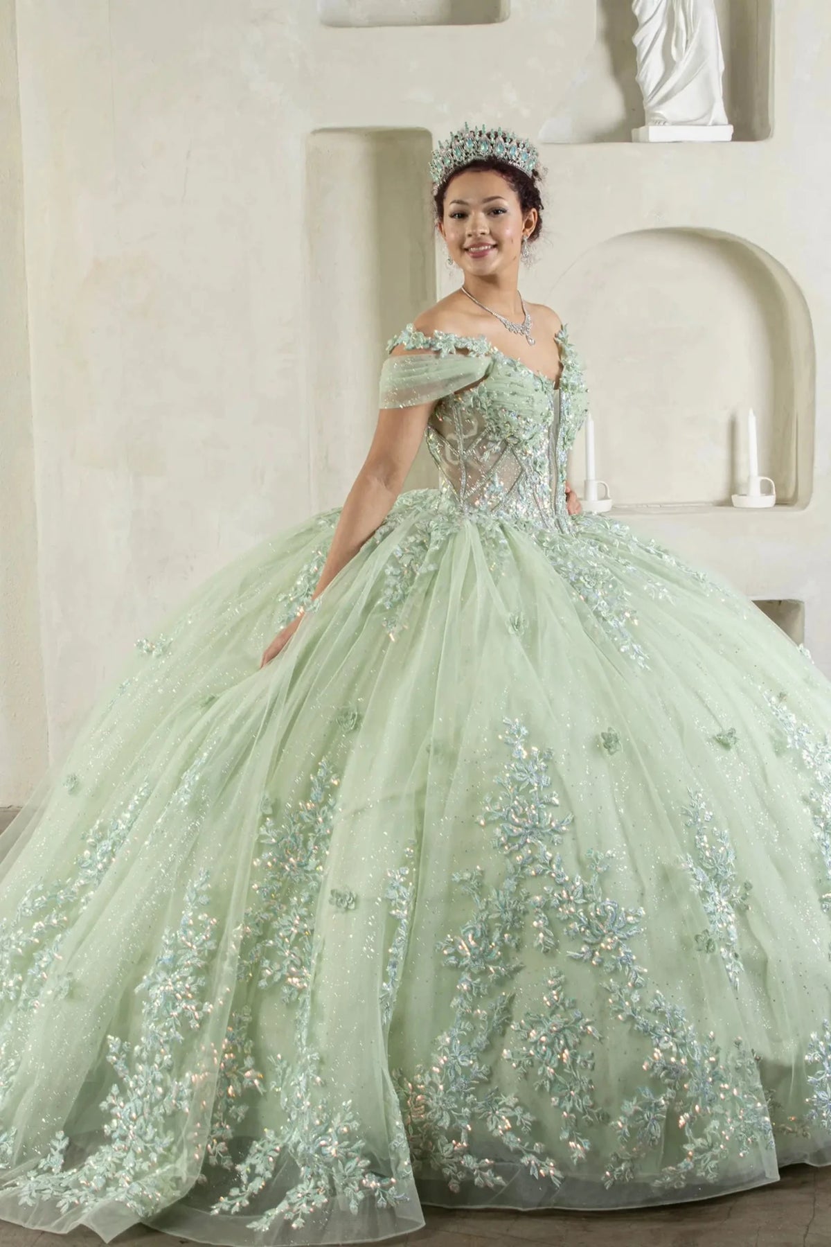 Sage quinceañera ball gown with illusion corset bodice, 3D floral applique and beaded embroidery
