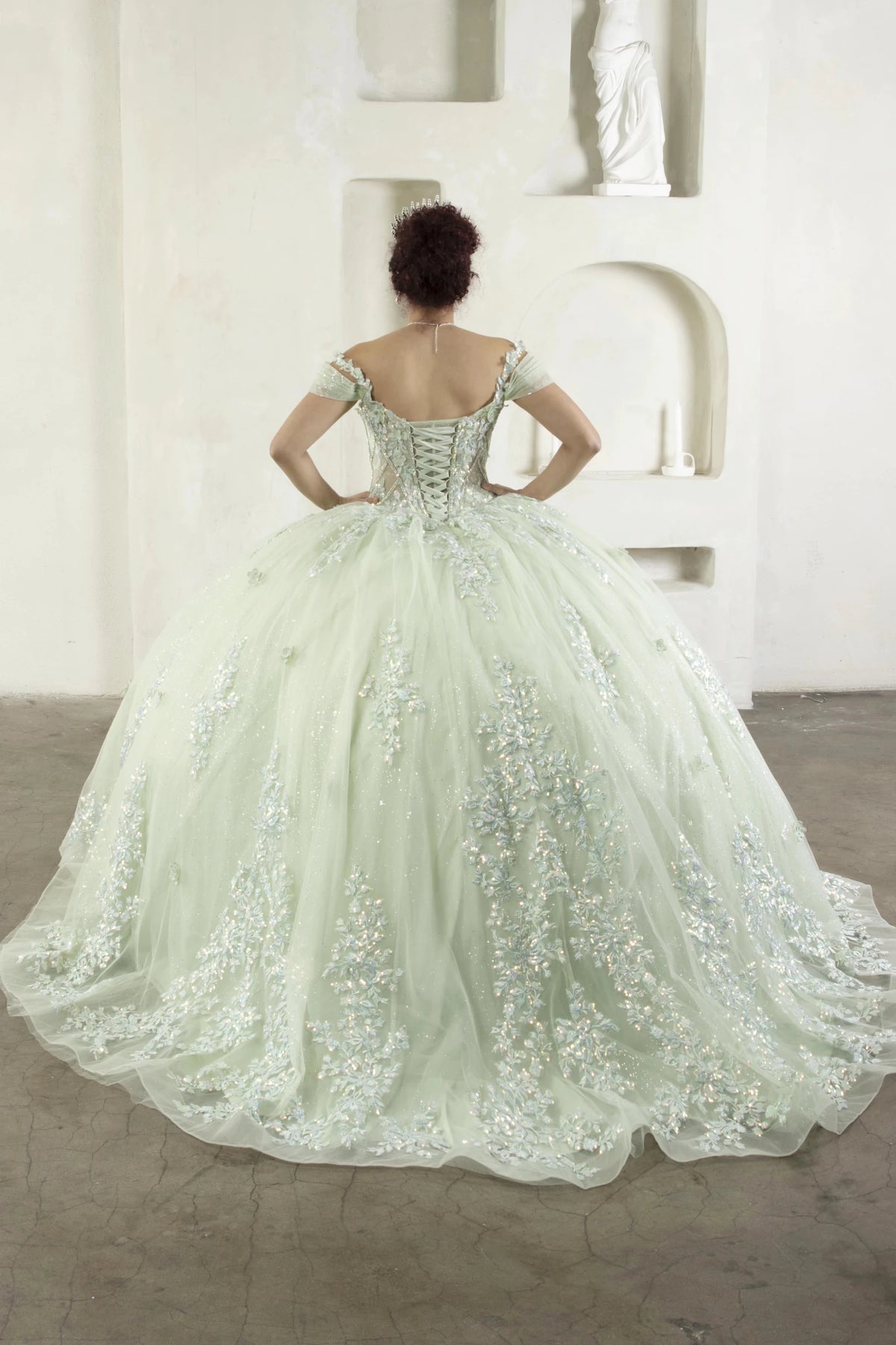 Sage quinceañera ball gown with illusion corset bodice, 3D floral applique, beaded embroidery and long train