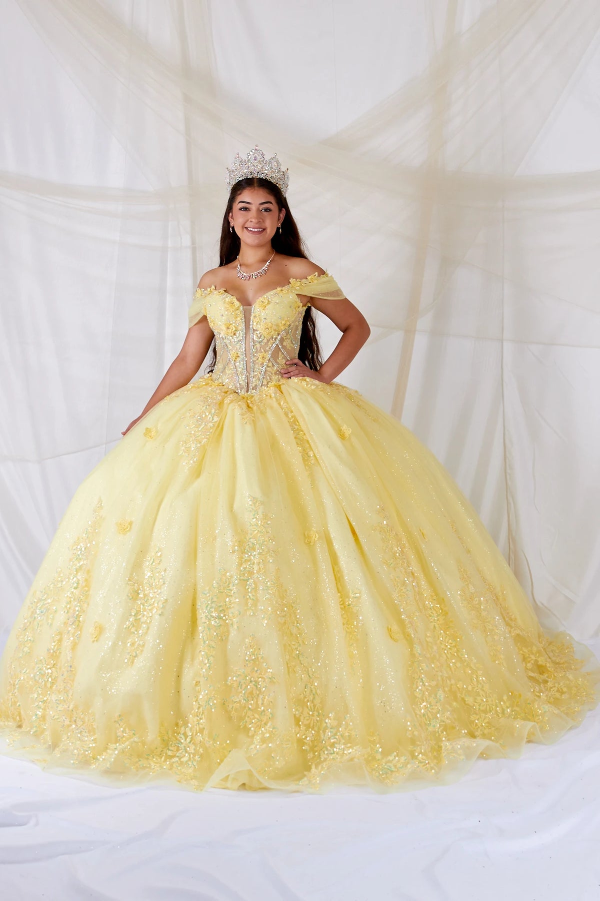 Yellow quinceañera ball gown with illusion corset bodice, 3D floral applique and beaded embroidery