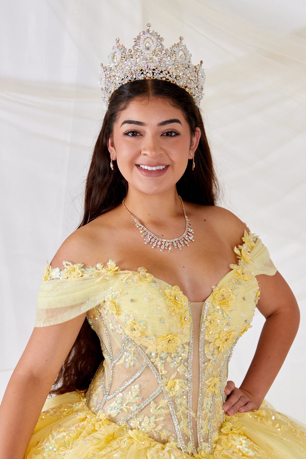 Yellow quinceañera ball gown with illusion corset bodice, 3D floral applique and beaded embroidery