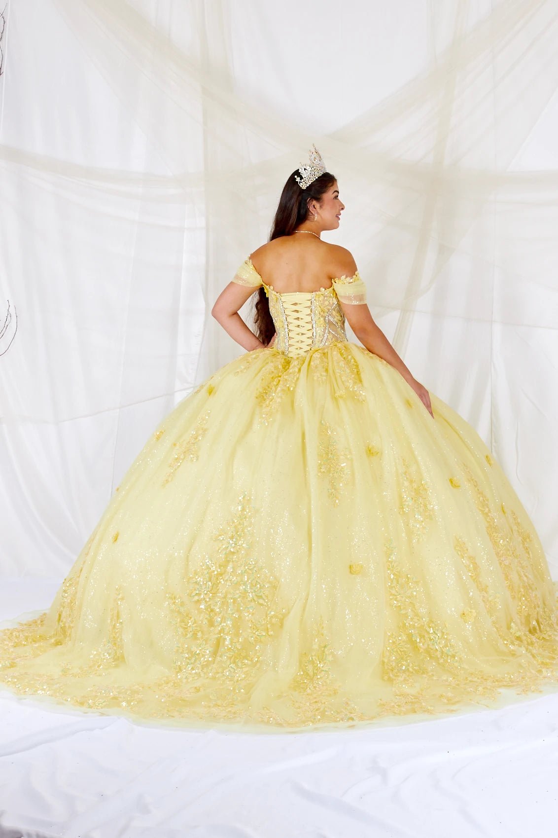 Yellow quinceañera ball gown with lace‑up back, illusion corset bodice, 3D floral applique and beaded embroidery