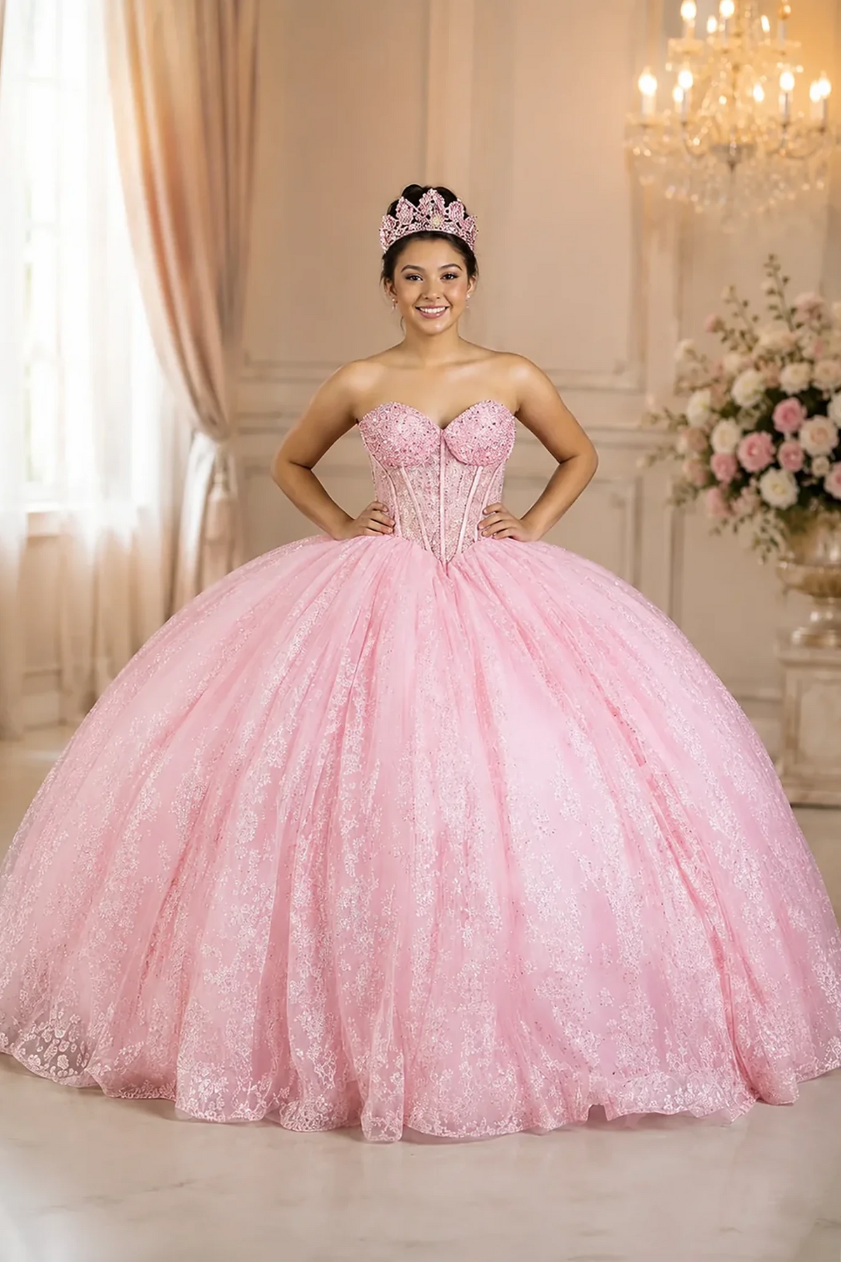 Pink quinceañera ball gown with strapless bodice, lace applique, shimmer beading and glitter tulle skirt