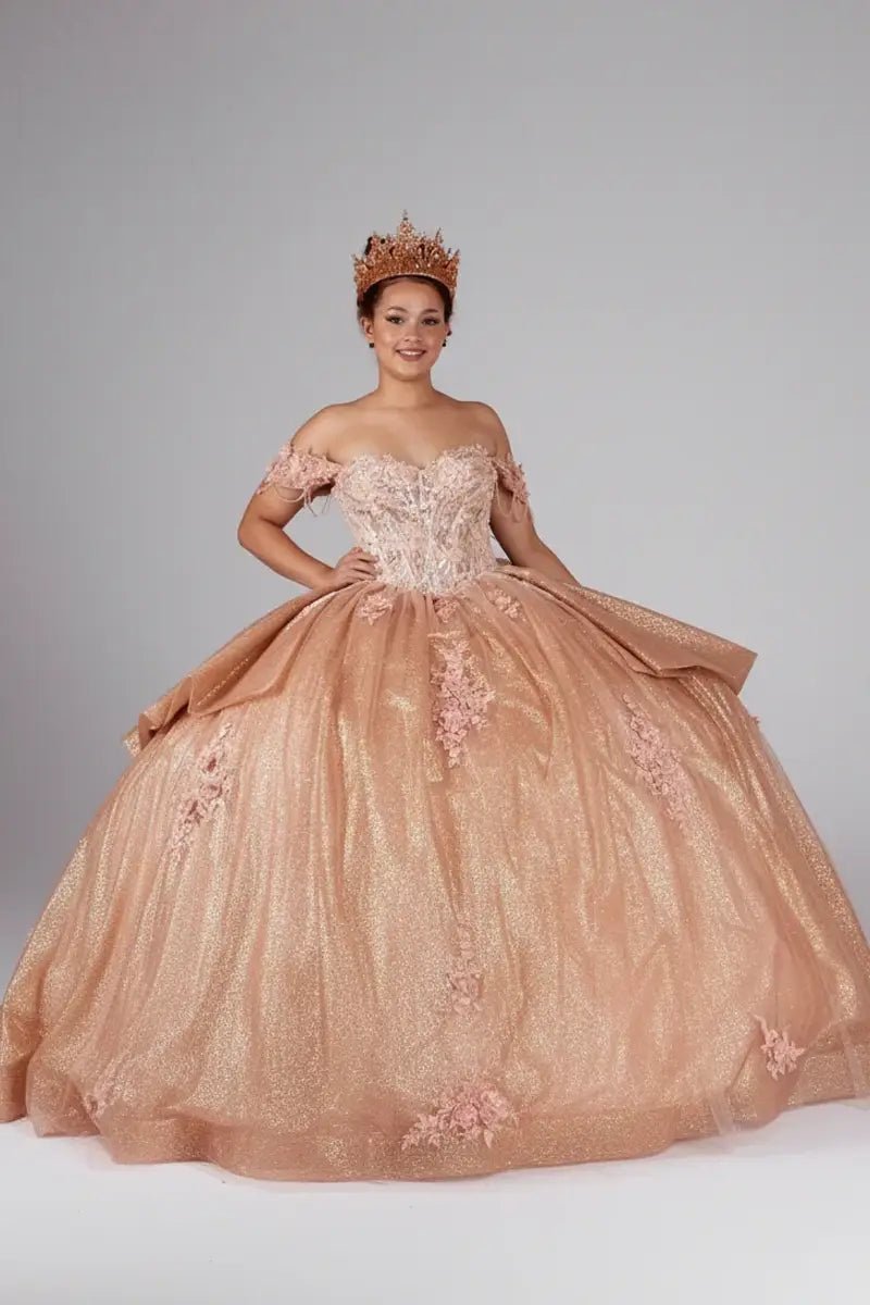 Rose gold quinceañera ball gown with beaded fringe straps, gold embroidered lace and layered glitter tulle skirt