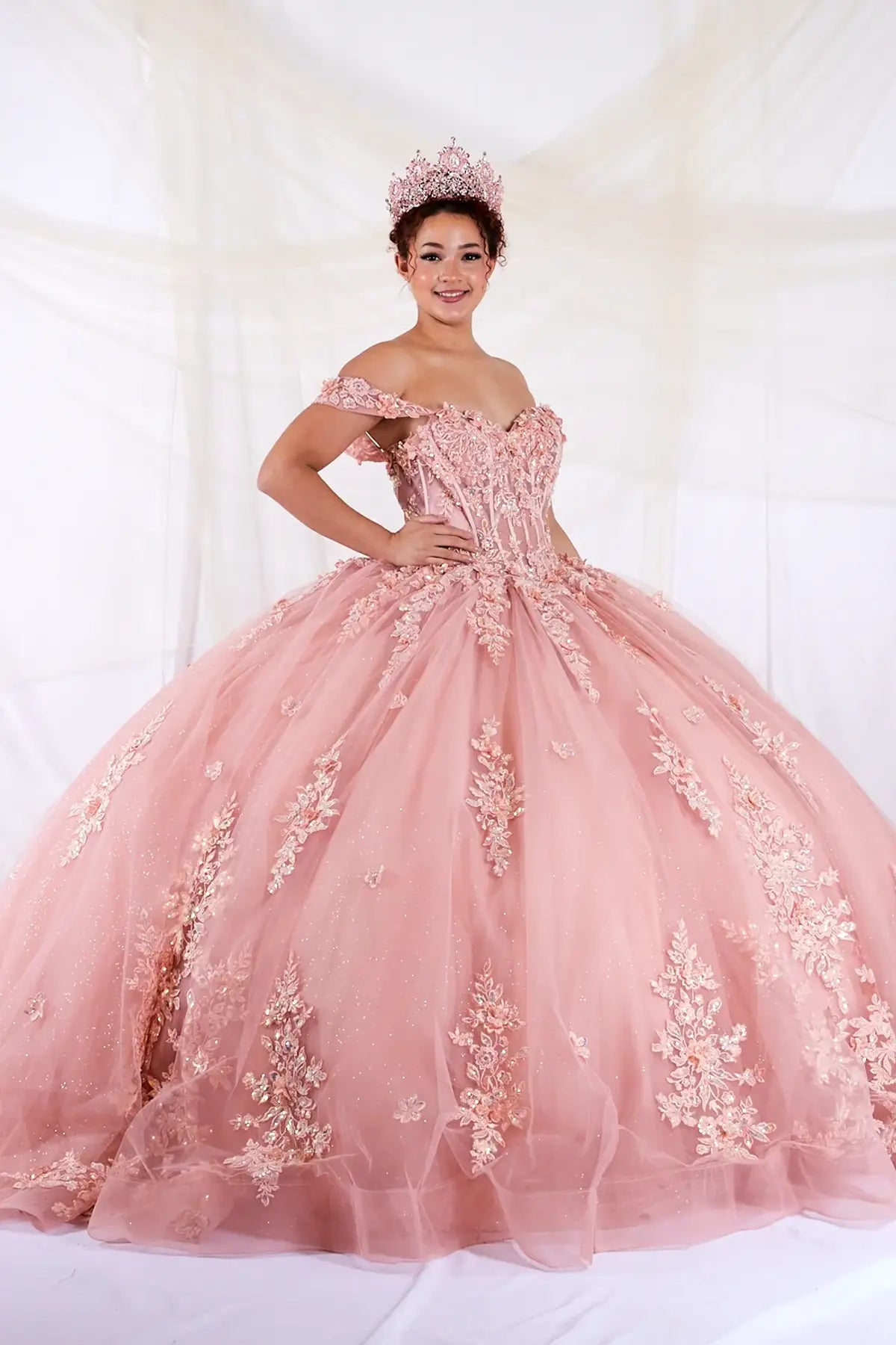 Mauve quinceañera ball gown with illusion sweetheart corset bodice, beaded embroidery and 3D floral applique