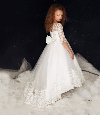 First Communion White High-Low Tulle Dress with Embroidered Top | Cristina Dress side back view