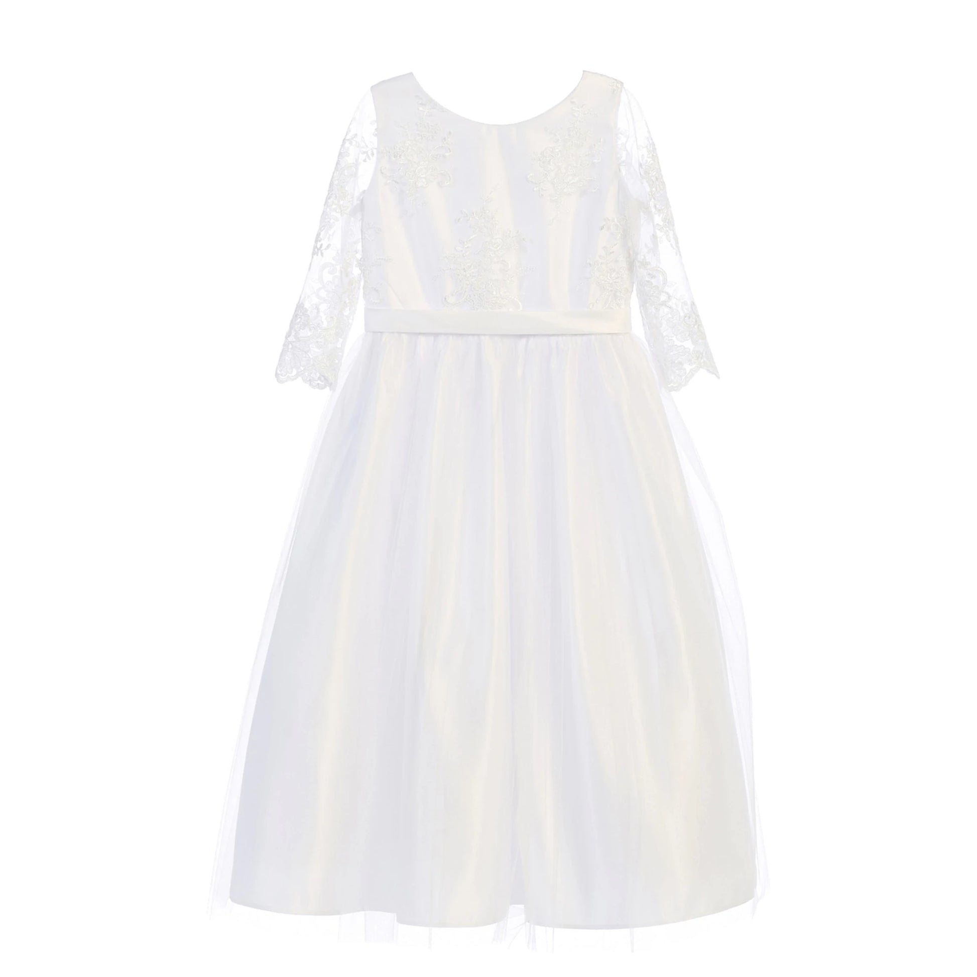 White communion dress with sheer sleeves.