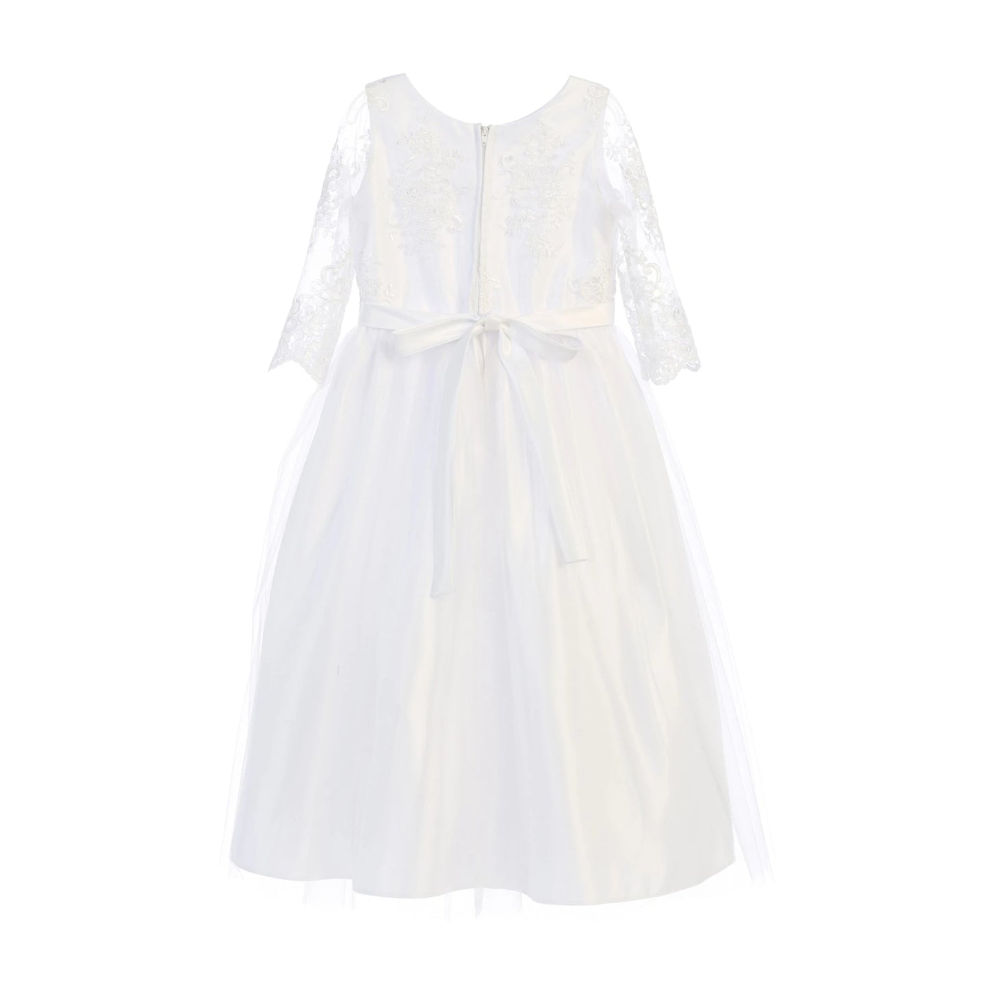 White communion dress with a bow detail.
