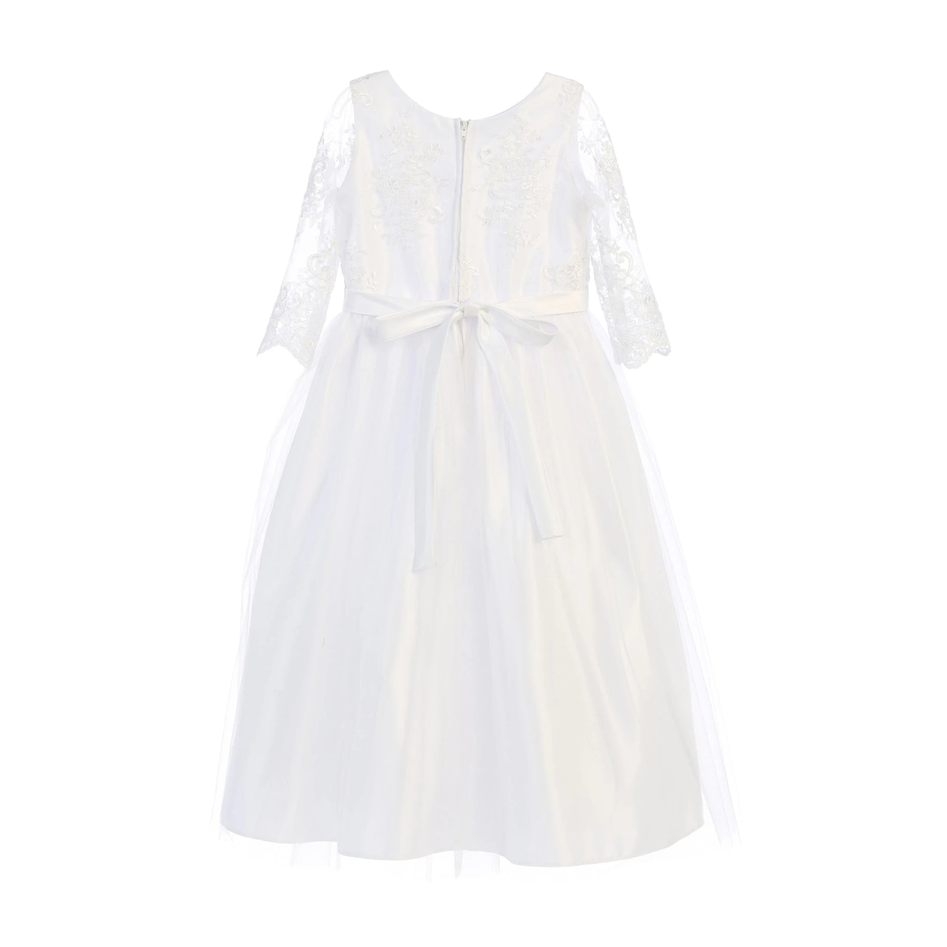 White communion dress with a bow detail.