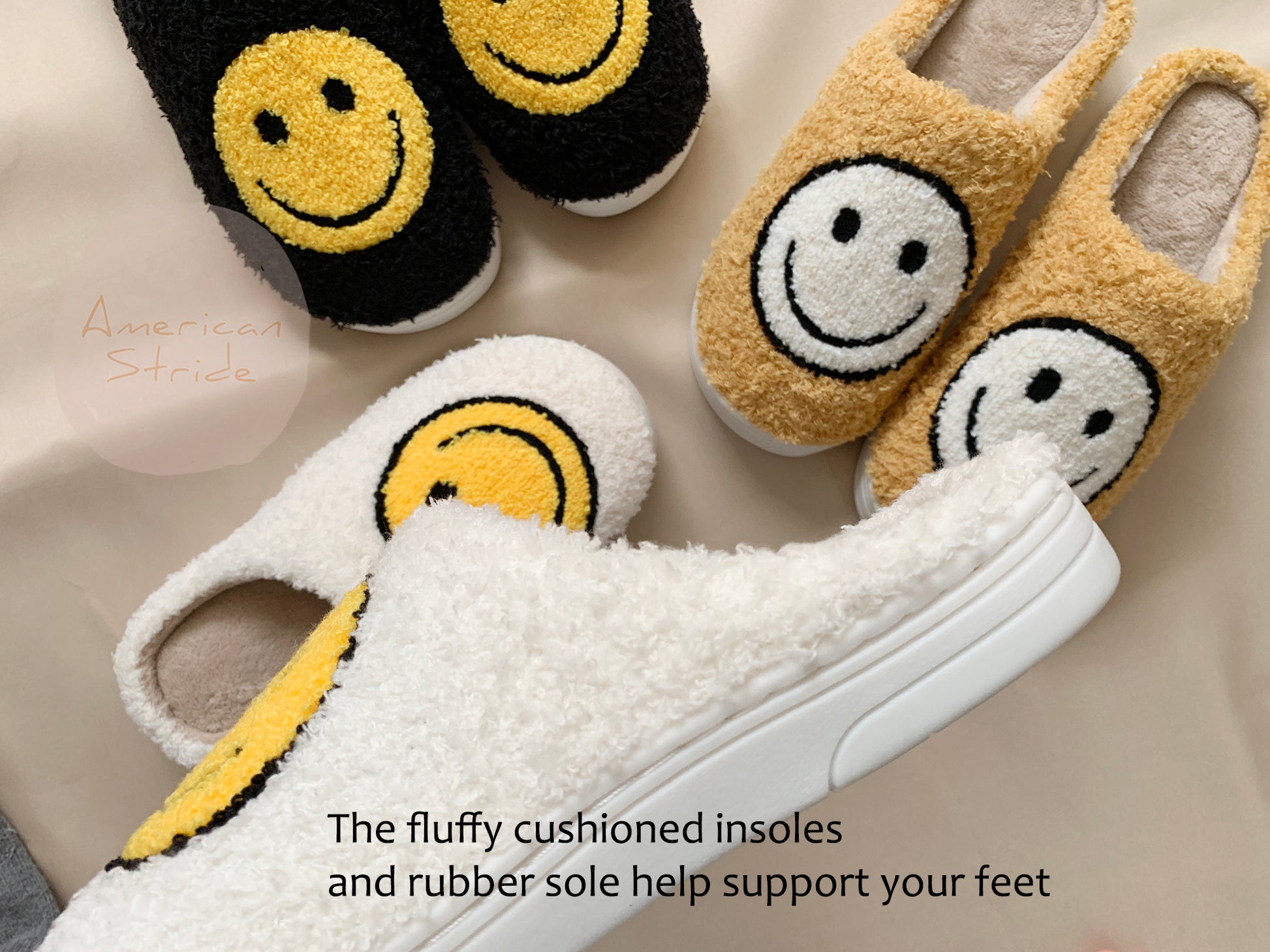 Black ivory camel fluffy women's winter slippers, interior detail, sole detail.