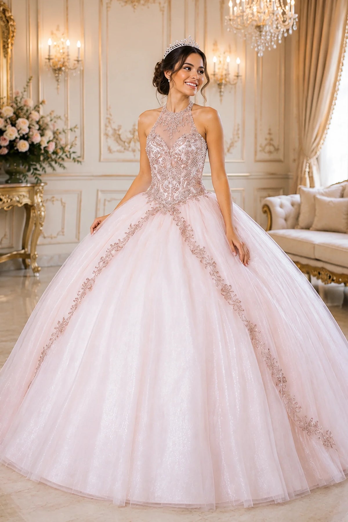 Blush Pink quinceañera dress showcases embroidered bands across the layered skirt above embellished halter bodice with corset back.