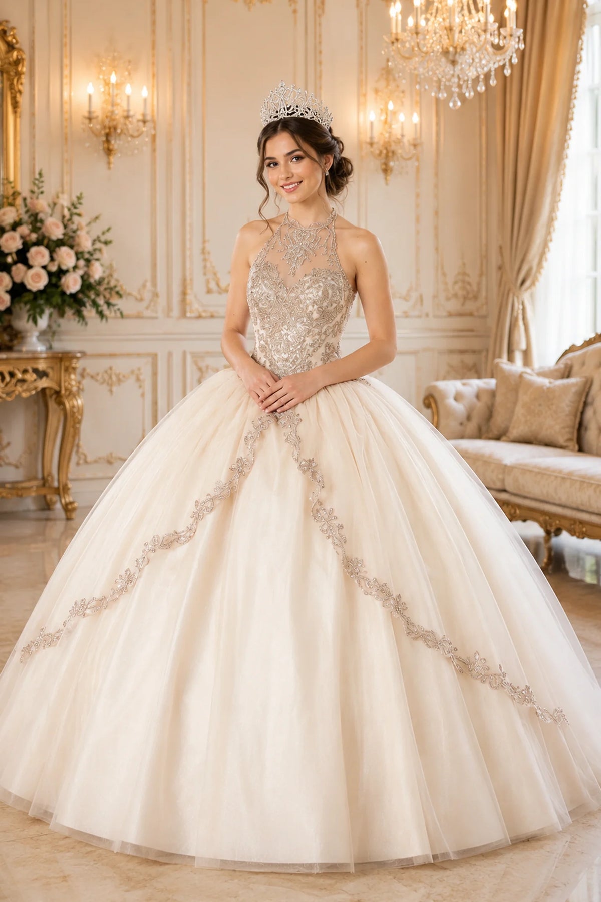 Champagne quinceañera dress showcases embroidered bands across the layered skirt above embellished halter bodice with corset back.