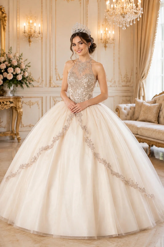 Champagne quinceañera dress showcases embroidered bands across the layered skirt above embellished halter bodice with corset back.