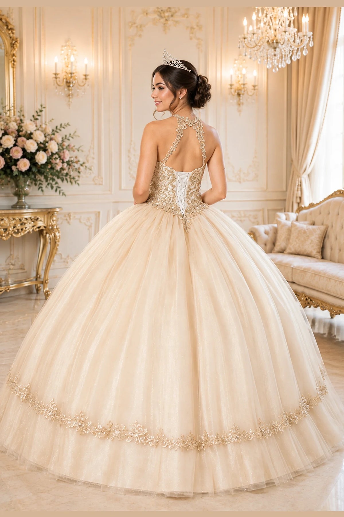 From behind, the Champagne quinceañera ball gown reveals a shaped lace-up back and the sweep of the full skirt.