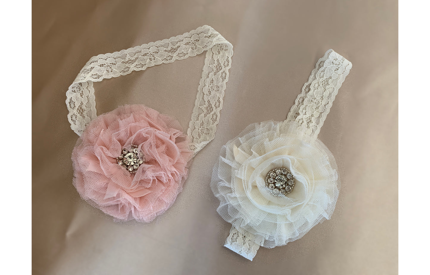 Baby Super Soft Handmade Flower Headband - Pink and white headbands next to each other