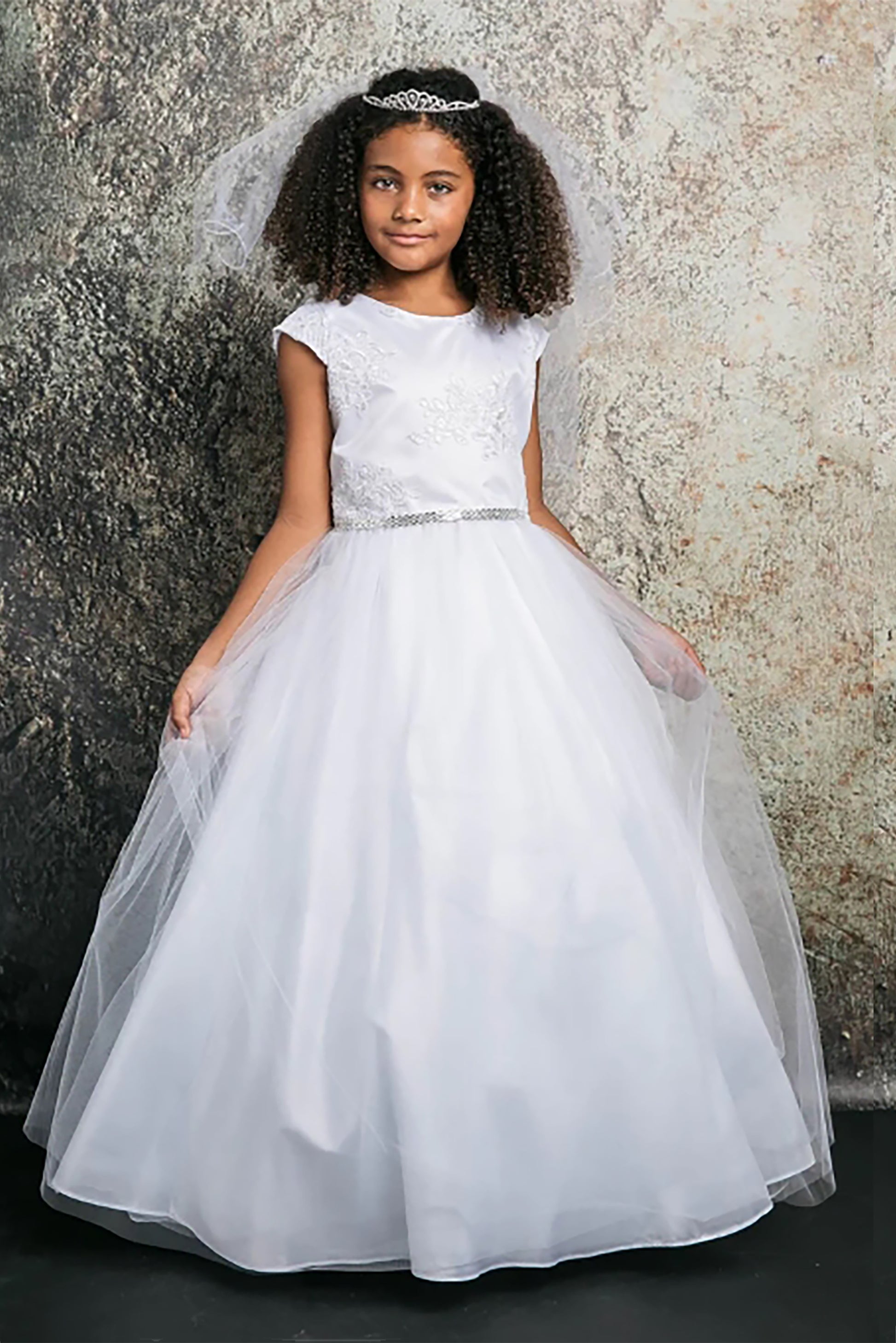 USA Made | Communion Luxurious Silk &amp; Glittery Tulle Dress with Embroidery Appliqué | Sizes 2-20 | Luna Dress front