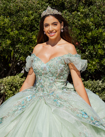 Girl in a light green, embellished dress with a tiara, standing outdoors with greenery in the background.