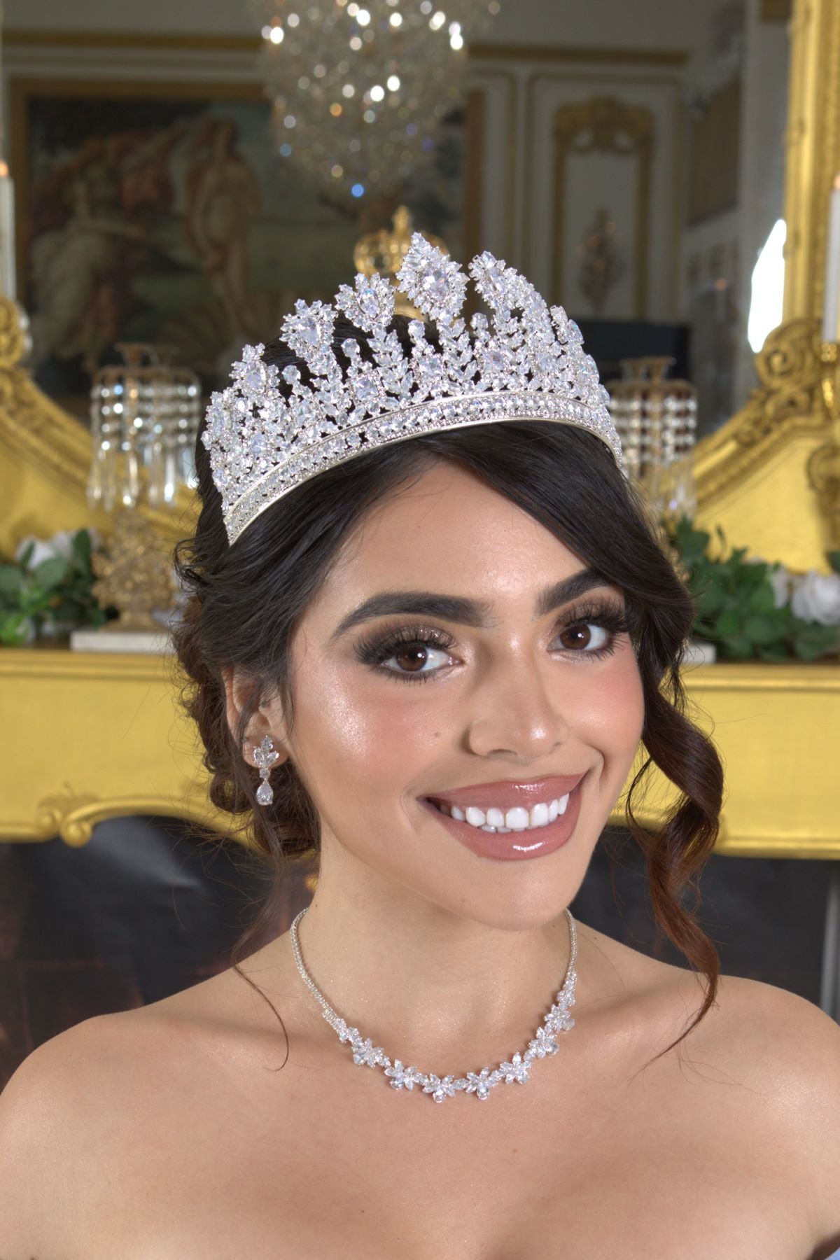 Silver floral quinceañera tiara with rhinestones