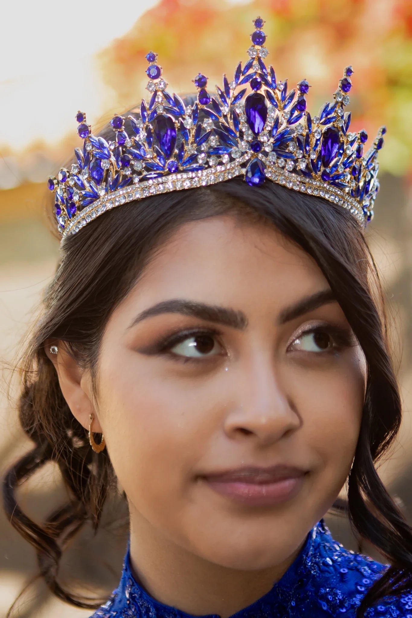Royal blue rhinestone quinceañera tiara.