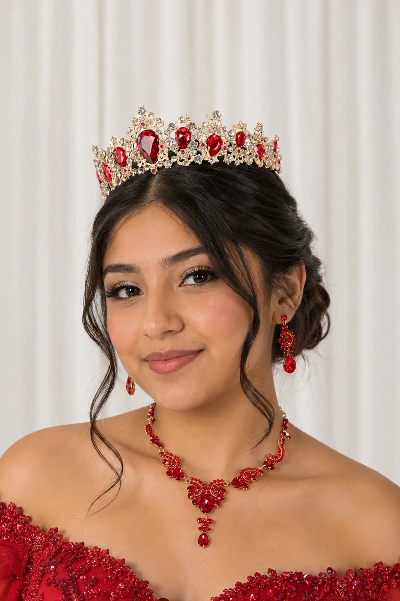 Red gold rhinestone quinceañera tiara.