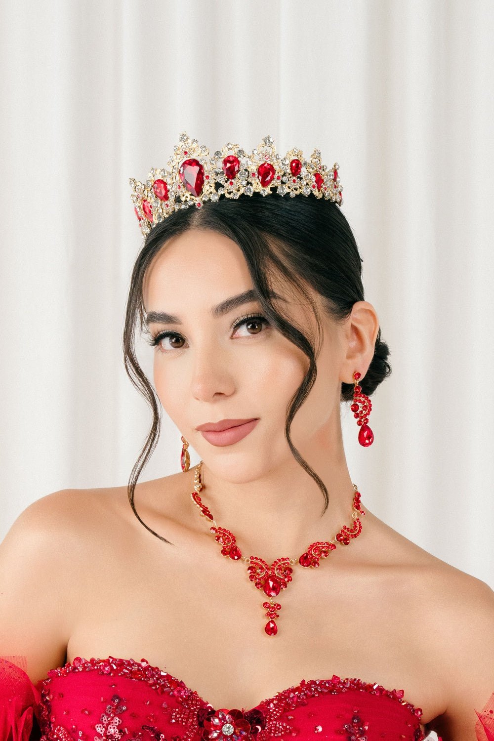 Red gold rhinestone quinceañera tiara.