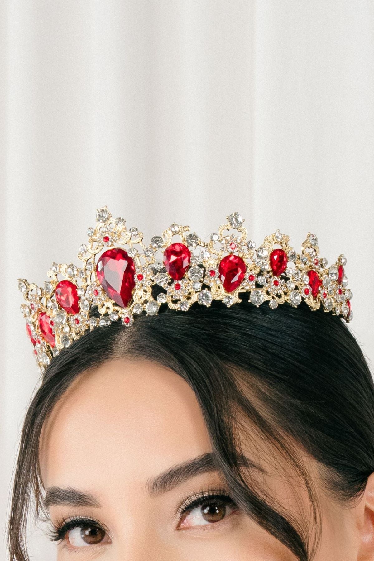 Red gold rhinestone quinceañera tiara.