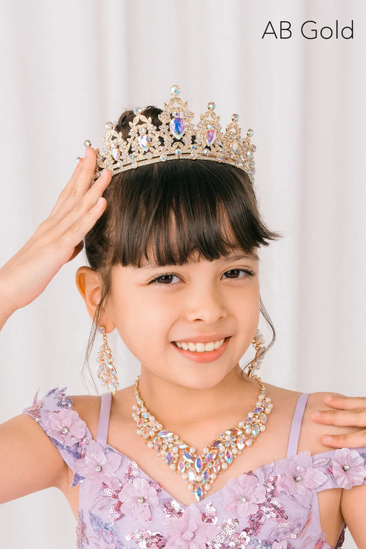 Young girl wearing a sparkling AB gold tiara and necklace