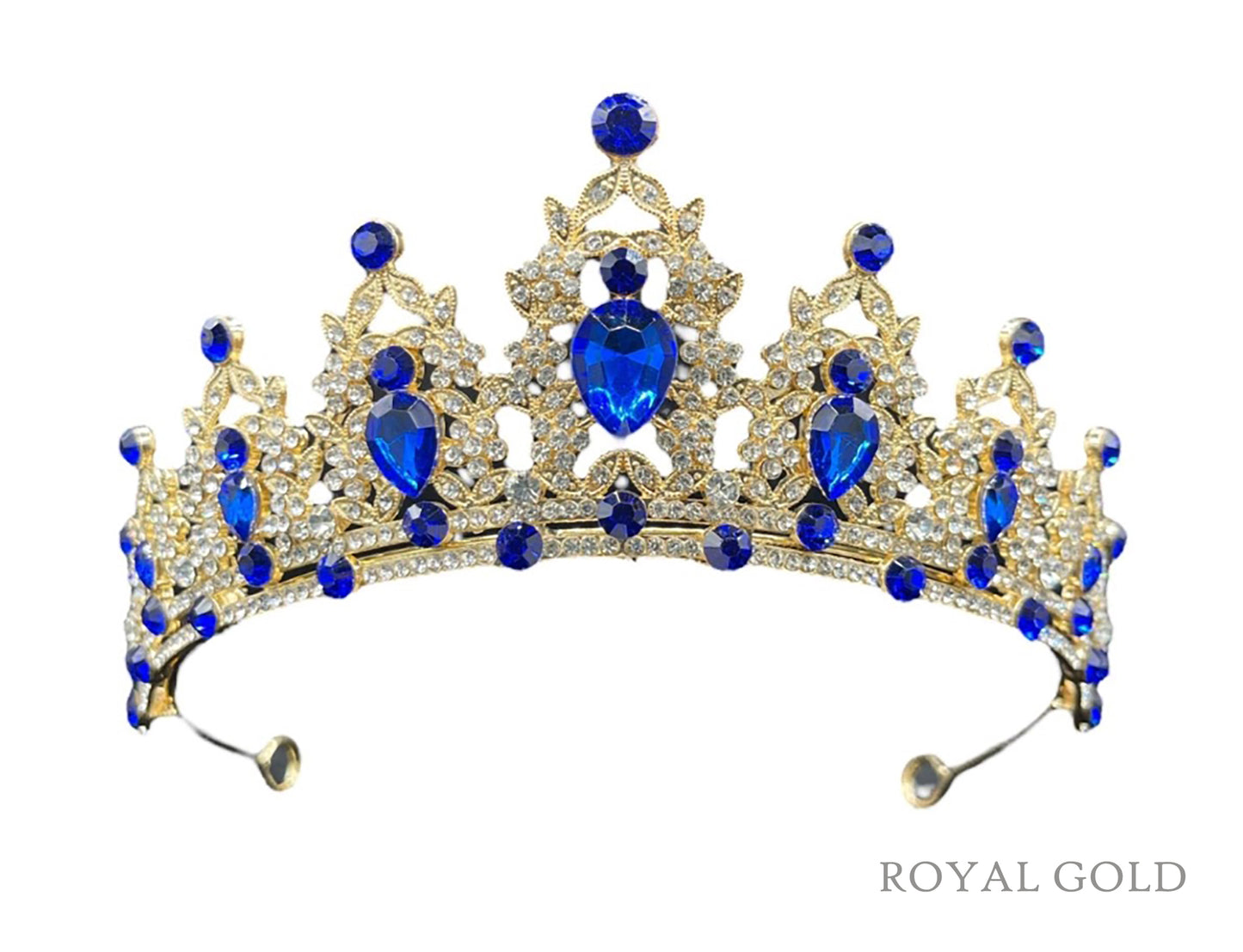 gold crown with blue colored jewels