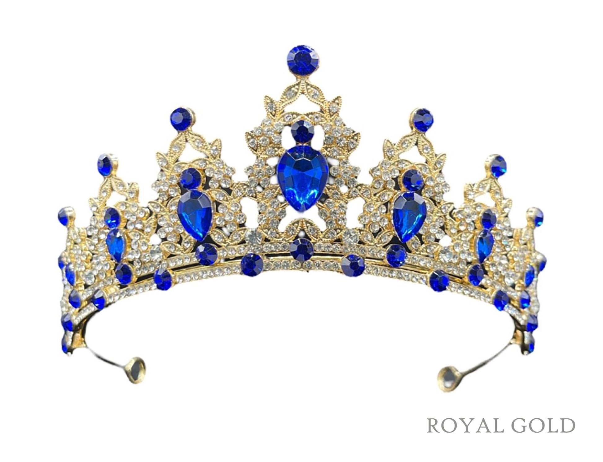 gold crown with blue colored jewels