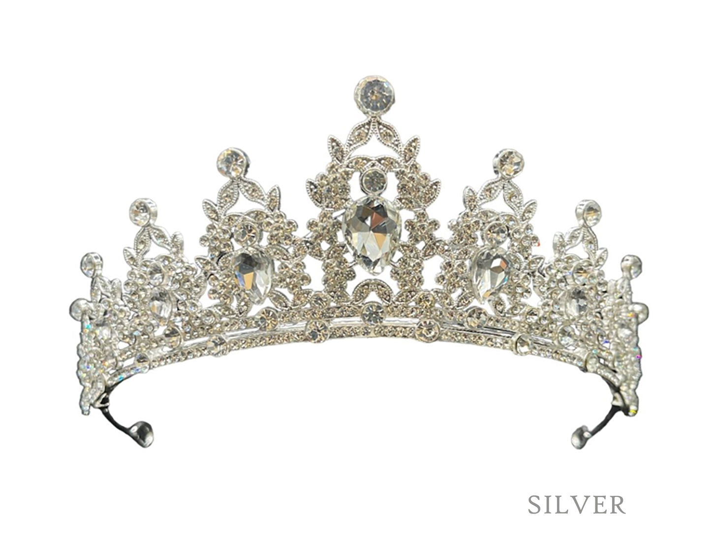 silver crown with clear rhinestone jewels