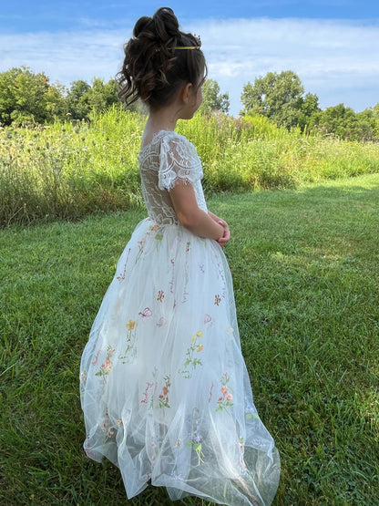 V-Back Soft Lace Top Embroidered Floral Tulle Cap Sleeves Dress | Flower Girl Dress | Special Occasion Dress – Hazel Dress side view