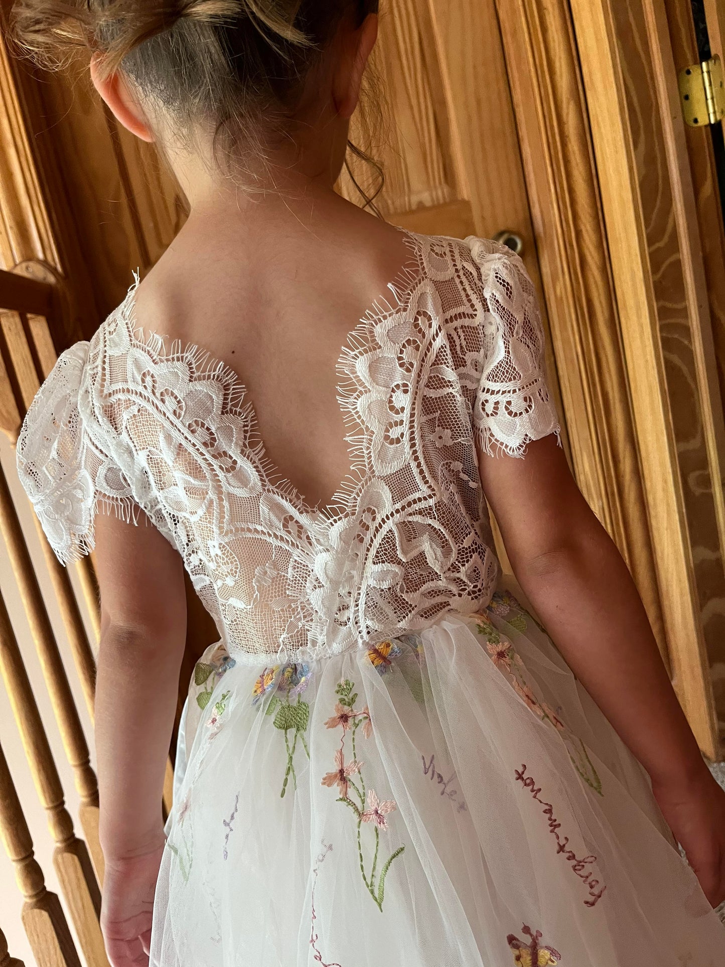 V-Back Soft Lace Top Embroidered Floral Tulle Cap Sleeves Dress | Flower Girl Dress | Special Occasion Dress – Hazel Dress back zoom