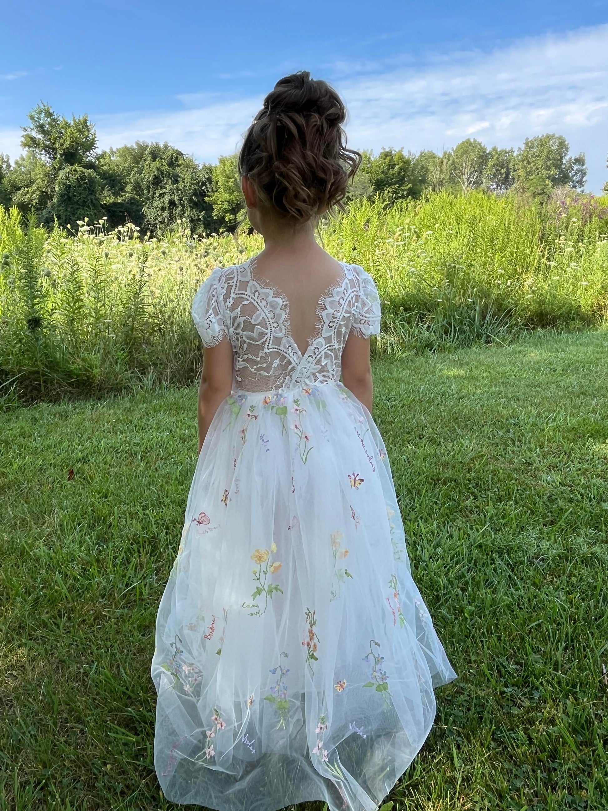 V-Back Soft Lace Top Embroidered Floral Tulle Cap Sleeves Dress | Flower Girl Dress | Special Occasion Dress – Hazel Dress girl back side