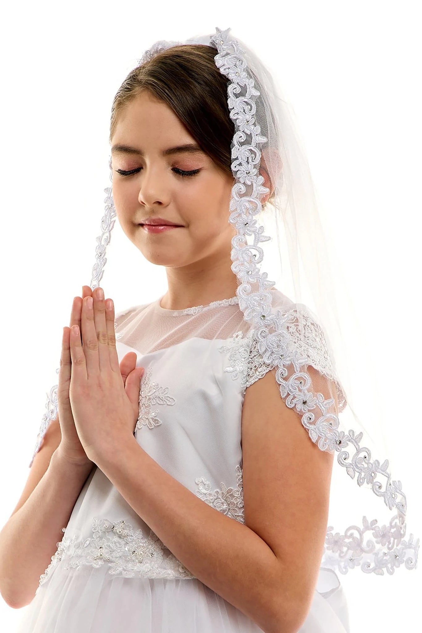 White rhinestone lace floral first communion veil.
