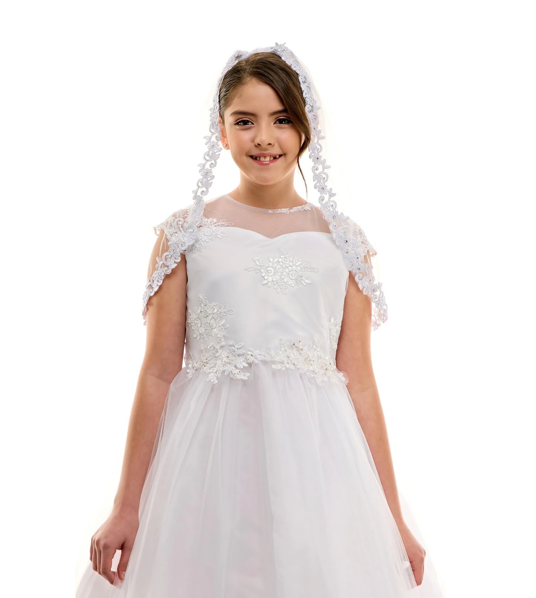 White rhinestone lace floral first communion veil, close-up, embellishment detail.