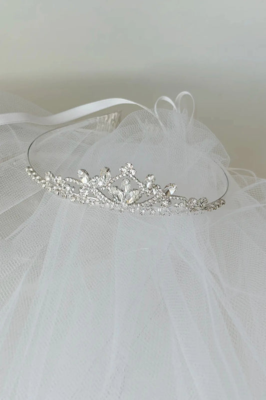 Silver and white rhinestone first communion tiara and two-tier veil.
