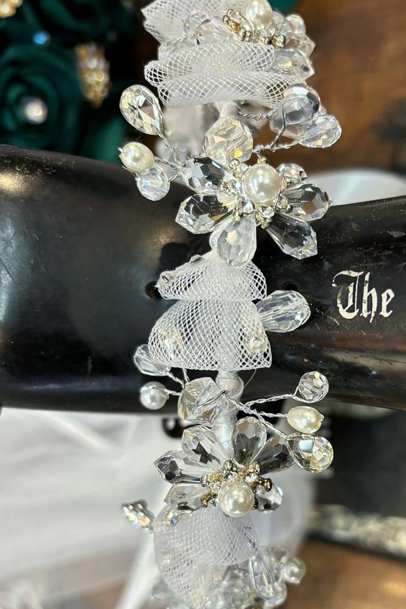 Silver pearl rhinestone flower girl and first communion veil.