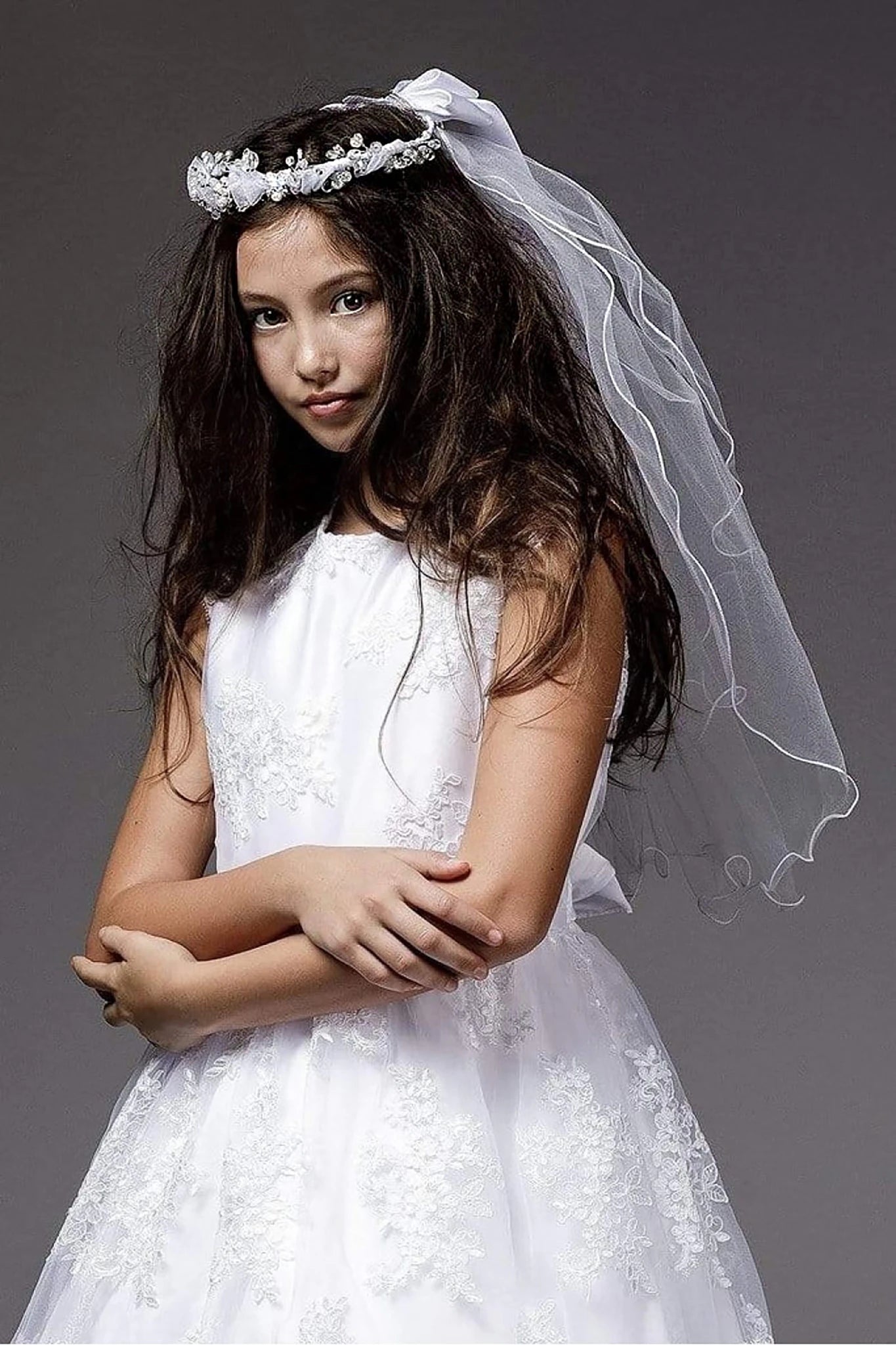 White rhinestone flower girl and first communion veil.