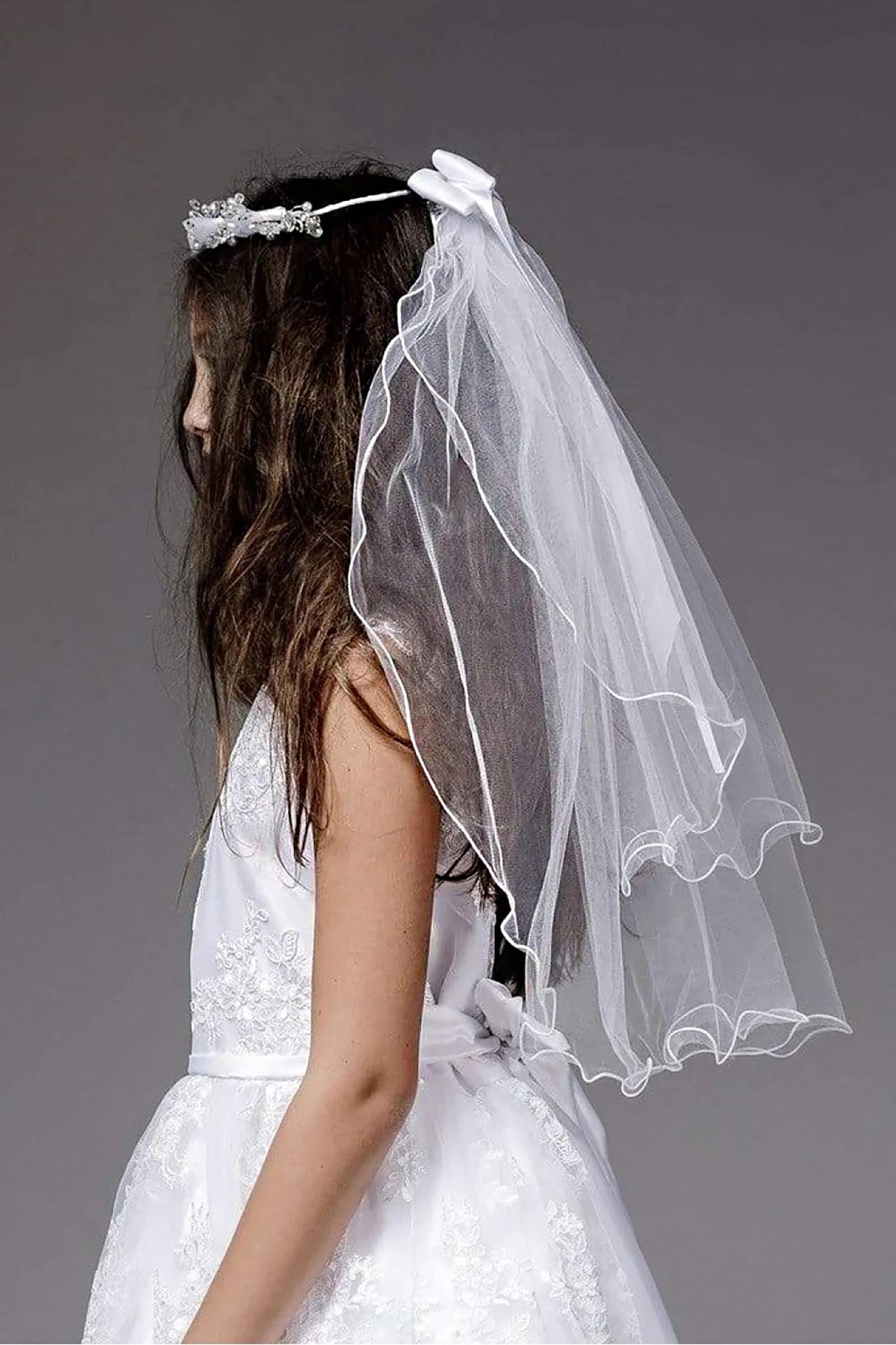 White rhinestone flower girl and first communion veil.