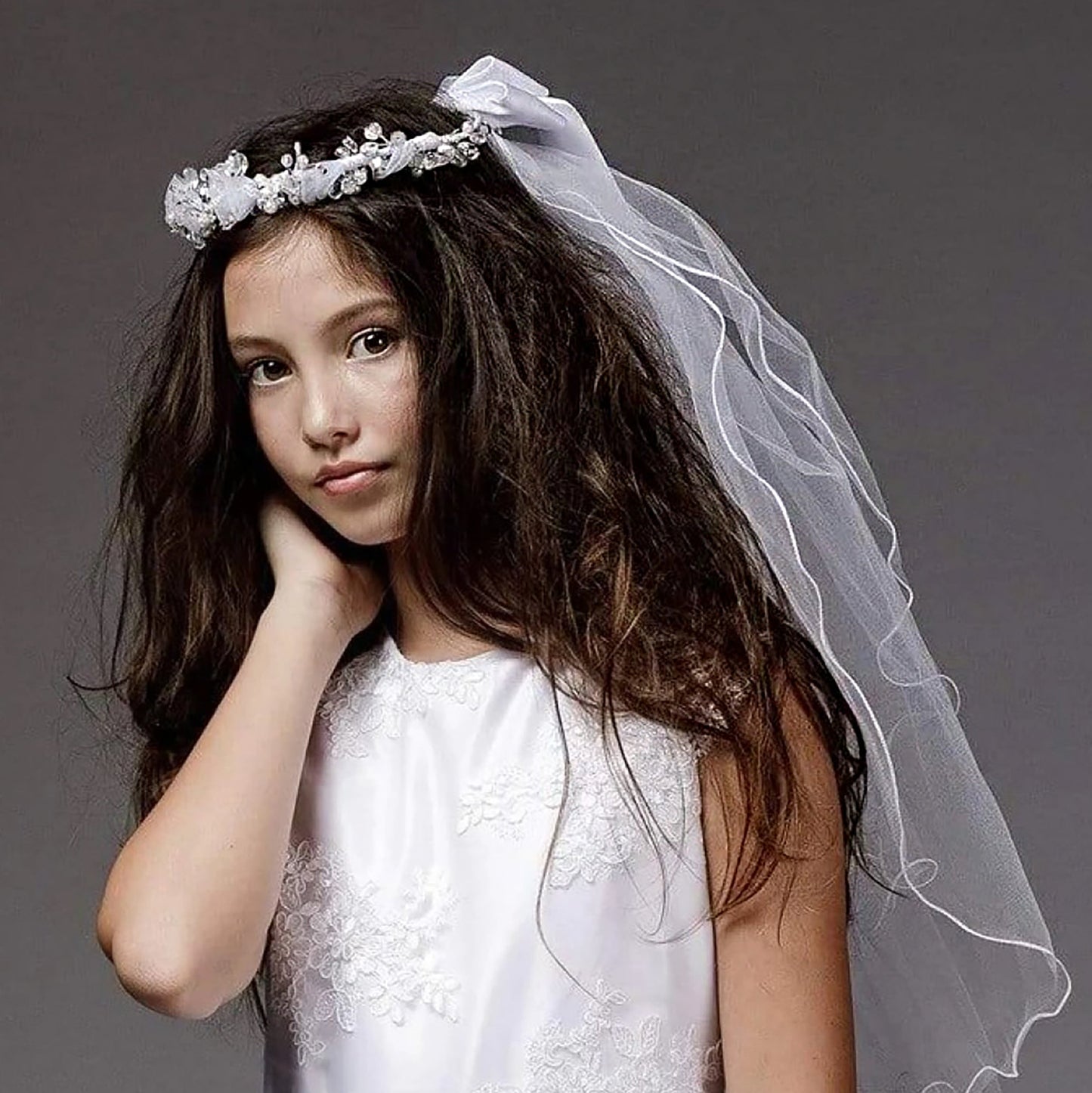 White rhinestone floral flower girl and first communion veil.