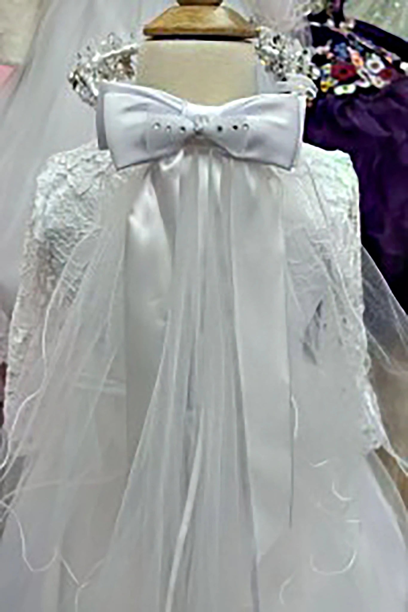 White rhinestone flower girl and first communion veil, bow detail.