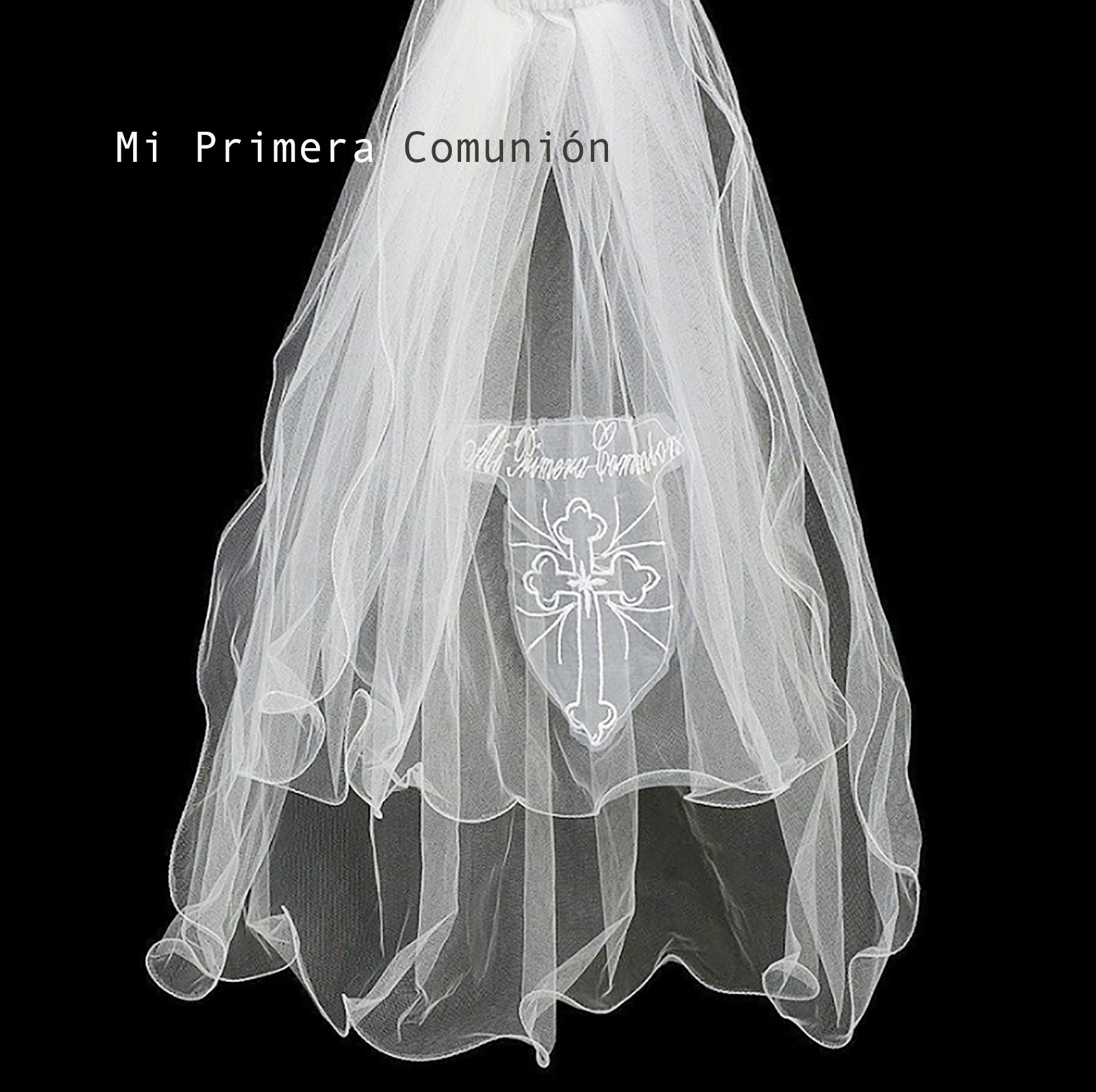 White veil with a cross design and text on a black background