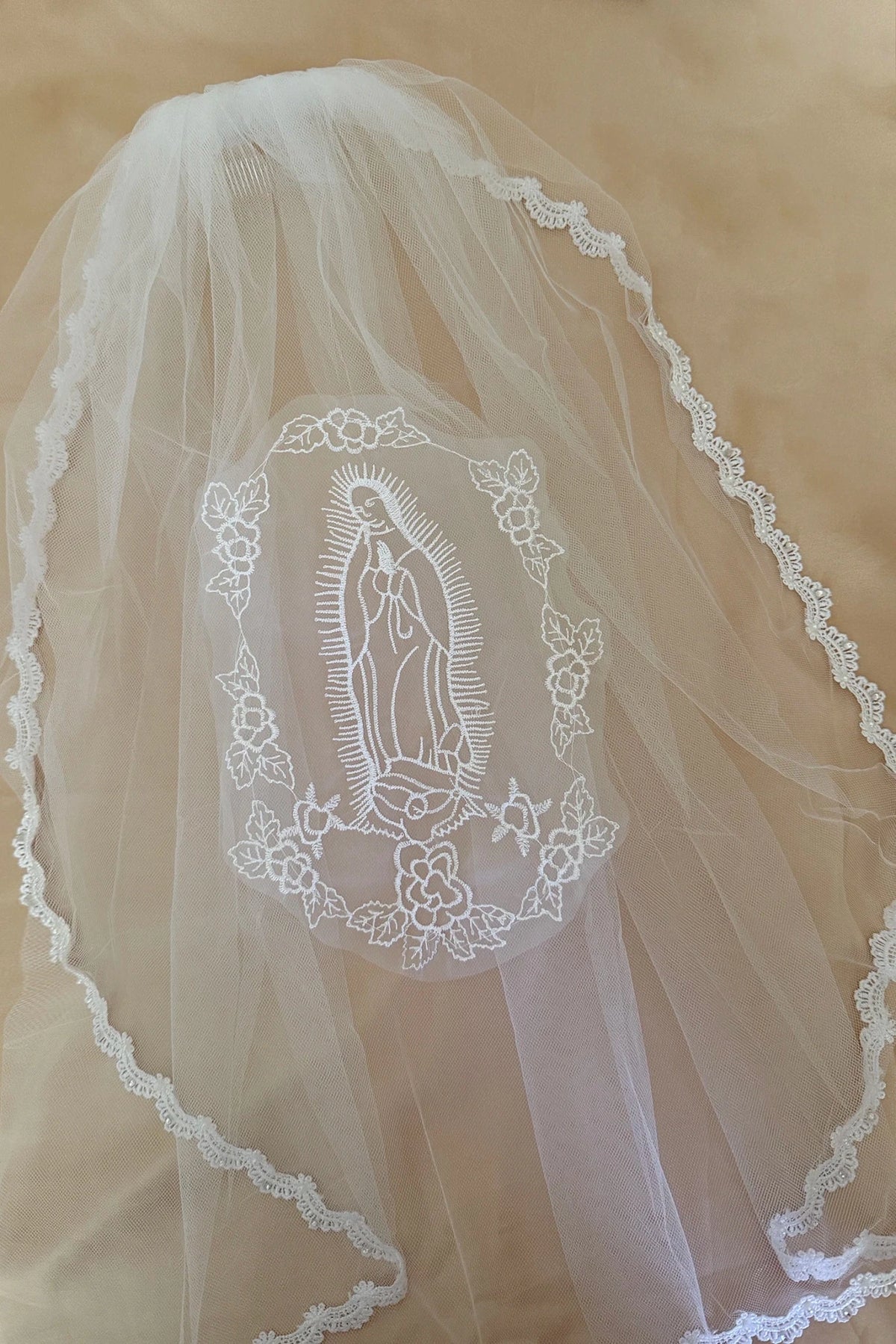 White pearl rhinestone lace Virgin Mary embroidered first communion veil.