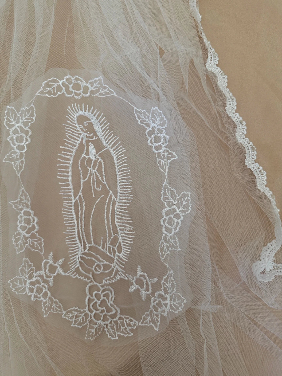 White pearl rhinestone lace floral Virgin Mary embroidered first communion veil.