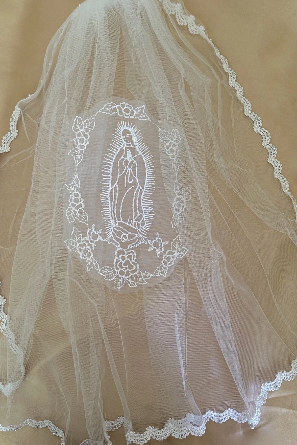 White pearl rhinestone lace Virgin Mary embroidered first communion veil, full view.