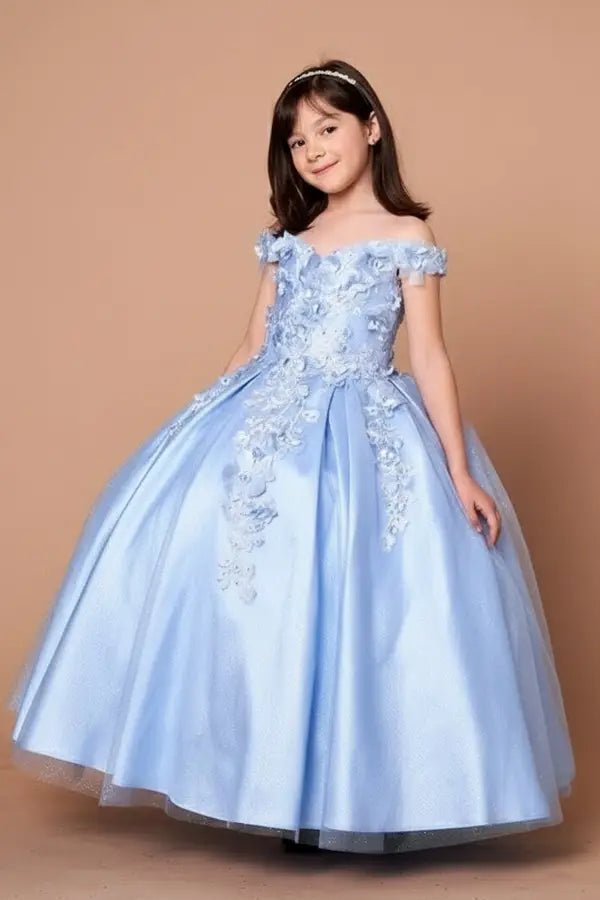 Front view of stunning Bahama blue mini quince dress with 3D floral appliqué bodice and glitter tulle layered skirt.