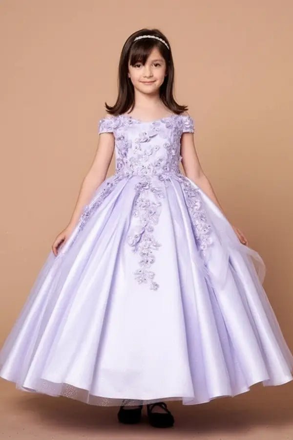 Front view of stunning lilac mini quince dress with 3D floral appliqué bodice, glitter accents, and layered tulle full skirt.