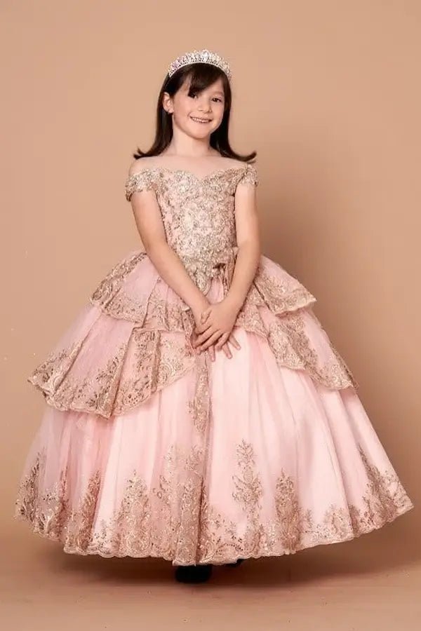 Front view of elegant blush and gold mini quince dress with embroidered layered bodice and voluminous full skirt.