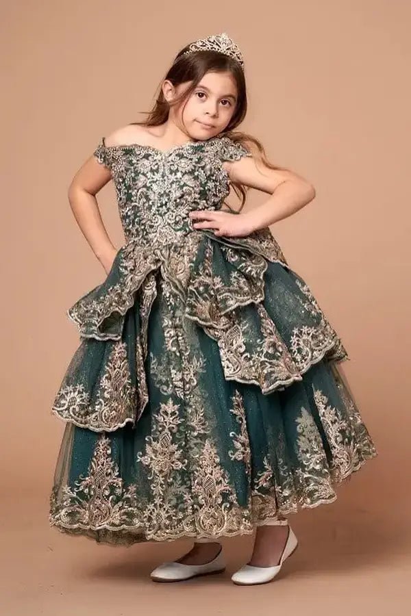 Front view of elegant emerald and gold mini quince dress with embroidered layered bodice and voluminous full skirt.